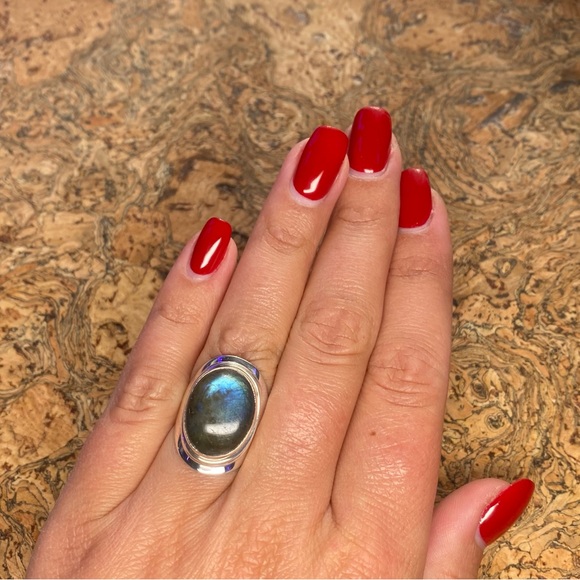 .925 Sterling Silver Blue Green Labradorite Ring Size 7 - Picture 8 of 12